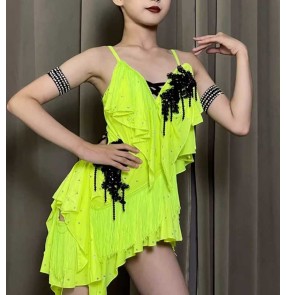 Custom size neon green fringe competition bling latin dance dresses for girls kids salsa rumba chacha modern dance costumes for children